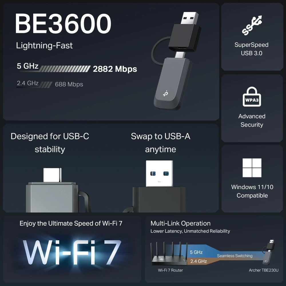 TP-LINK BE3600 dviejų dažnių „Wi-Fi 7 Mini“ belaidis USB adapteris | Archer TBE230U | 2,4 GHz, 5 GHz | 802.11ax | MU-MiMO Ne | ne PoE | Antenos tipas Vidinė