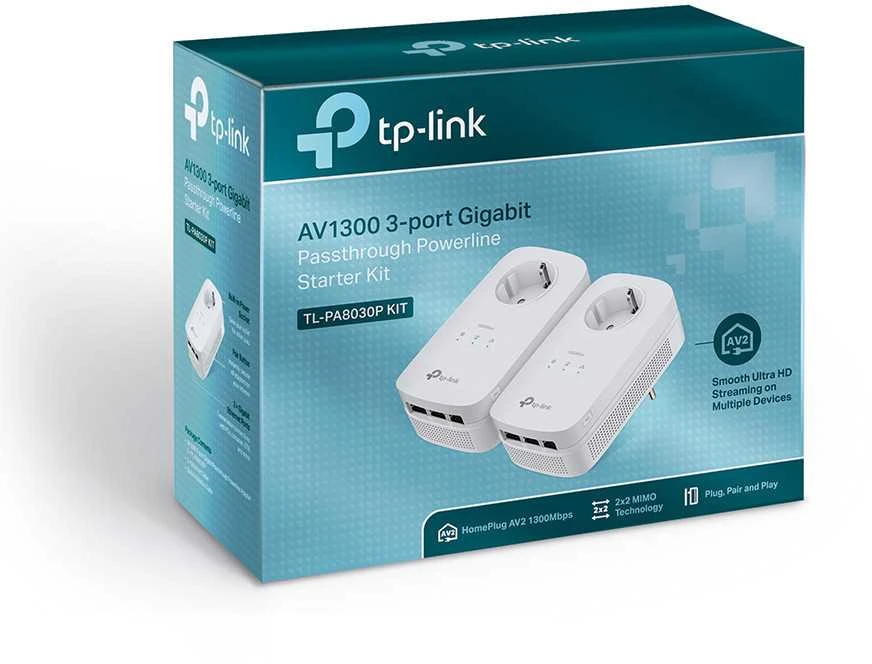 TP-Link AV1300 3 prievadų "Gigabit Passthrough Powerline" elektros tinklo adapterio pradinis rinkinys (TL-PA8030P KIT)