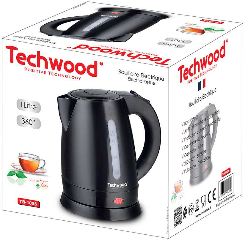 Virtuvinės svarstyklės Techwood | Virdulys | TB-1056 | Electric | 1600 W | 1 L | 360° rotational base | Juodas