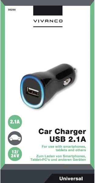 Vivanco car charger USB 2.1A, juodas (36256)
