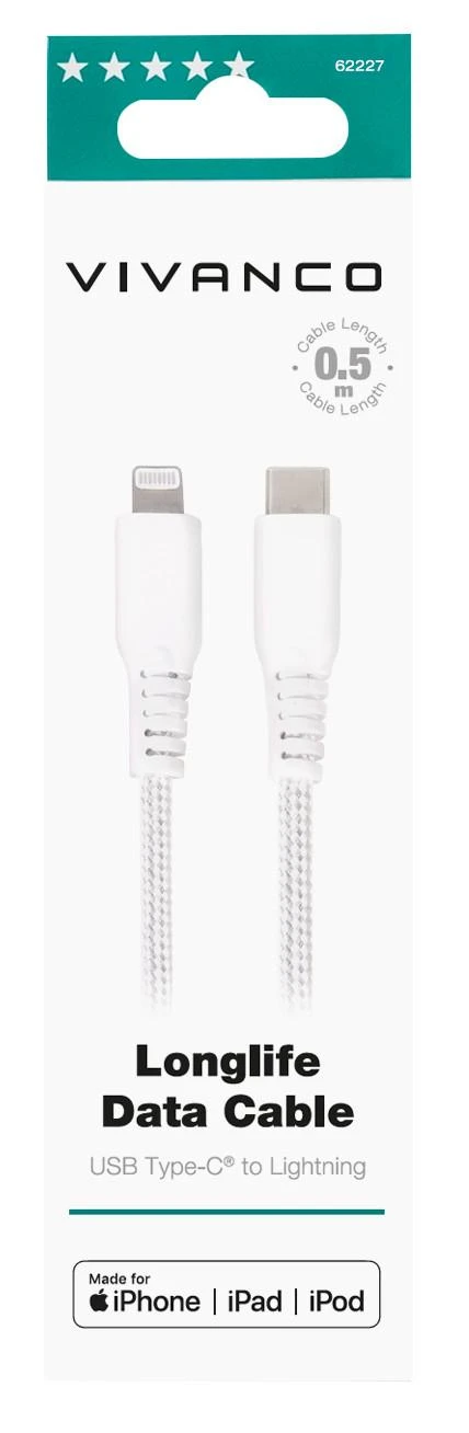 Vivanco USB-C laidas – žaibas 0,5 m, baltas (62227)