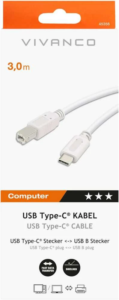 Vivanco kabelis USB-C - USB-B 3m, baltas (45356)