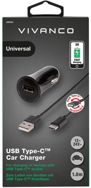 Vivanco automobilinis įkroviklis USB-C 3A 1m, juodas (38669)