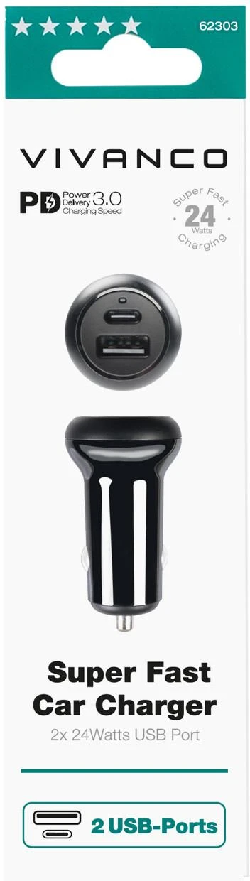 Vivanco - Automobilinis įkroviklis 1xUSB-C PD / USB-A 2x24W