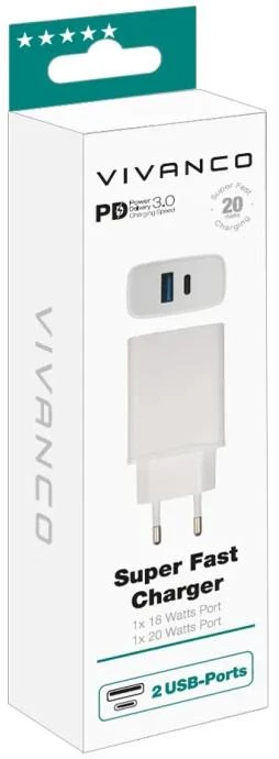 Vivanco 20W USB-A ir USB-C įkroviklis pakuotėje