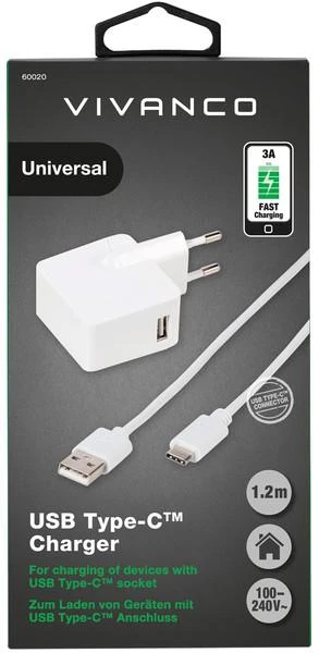 Vivanco įkroviklis USB-C 3A 1,2m, baltas (60020)