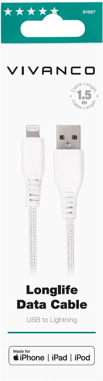 Vivanco kabelis USB - Lightning 1,5 m, baltas (61687)