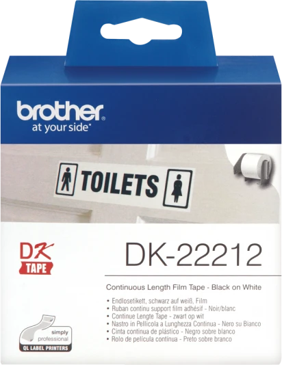 Originalus Brother DK-22212 nenutrūkstamo ilgio kino juostos stiliaus etikečių ritinėlis – juodos raidės baltame fone, 62 mm.