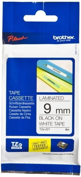 Brother | TZe-221 Laminated Tape | Juodas on Baltas | TZe | 8 m | 9 cm