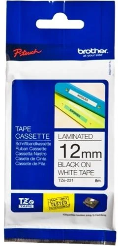 Brother | TZ-231 Laminated Tape | Juodas on Baltas | TZe | 8 m | 1.2 cm