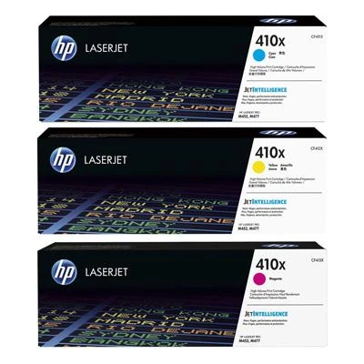 Hewlett Packard (HP) HP 410X 3 pakuočių didelio našumo žalsvai mėlynos spalvos / rausvai raudonos spalvos / geltonos originalios LaserJet dažų kasetės