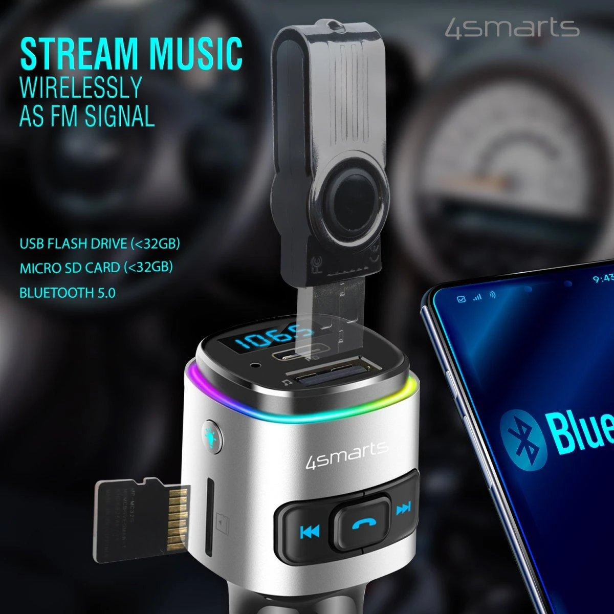 4Smarts Bluetooth FM siųstuvas Media&Assist 2 su daugialypės terpės įvestimi, laisvų rankų funkcija, automobiliniu įkrovikliu