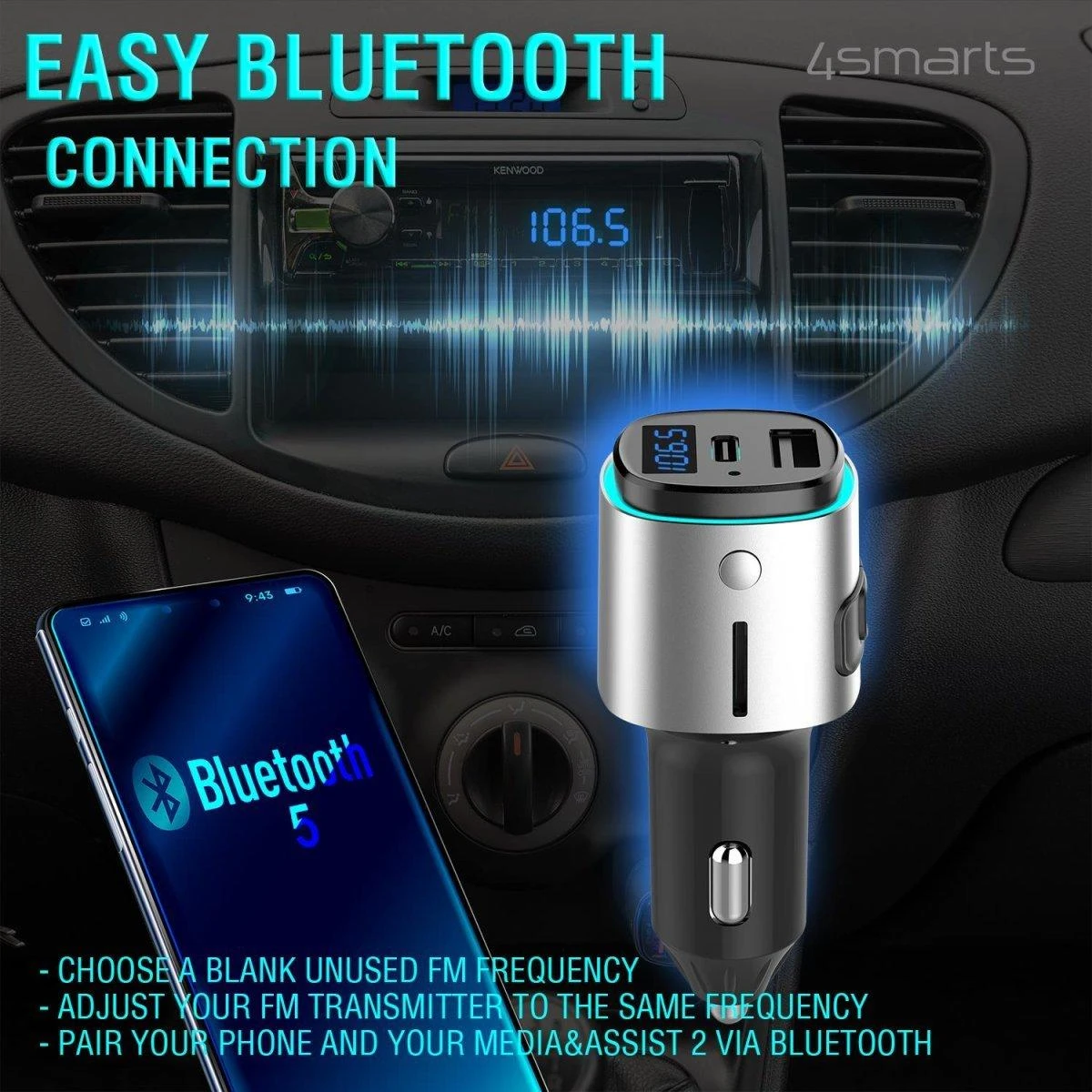 4Smarts Bluetooth FM siųstuvas Media&Assist 2 su daugialypės terpės įvestimi, laisvų rankų funkcija, automobiliniu įkrovikliu