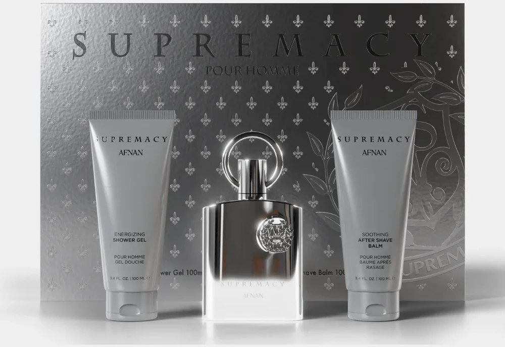 Dovanų rinkinys vyrams Afnan Supremacy Silver, EDP 100 ml + dušo želė 100 ml + balzamas po skutimosi 100 ml