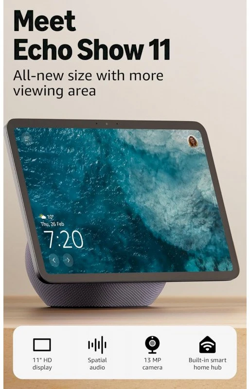 Amazon Echo Show 11, Amazon Alexa, Stačiakampis, Pilka, Ledyno balta, Anglų, Ispanų, 27,9 cm (11")