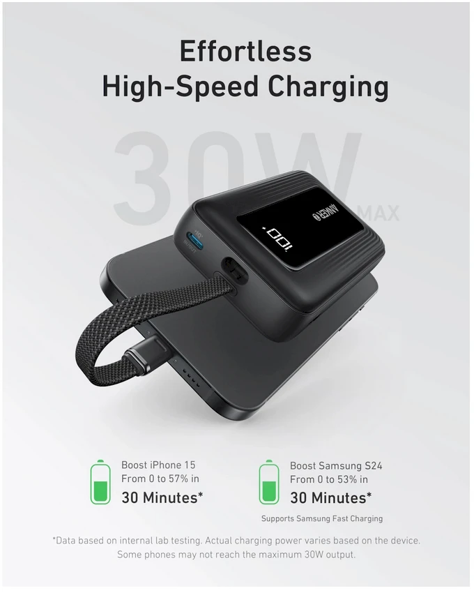 Anker išorinė baterija su integruotu USB-C laidu | A1688H11 | 10000 mAh | juoda
