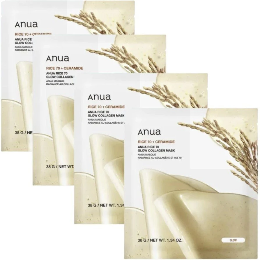 Veido kaukė Anua Rice 70+Ceramide Glow Collagen Mask 38 g 4 vnt.