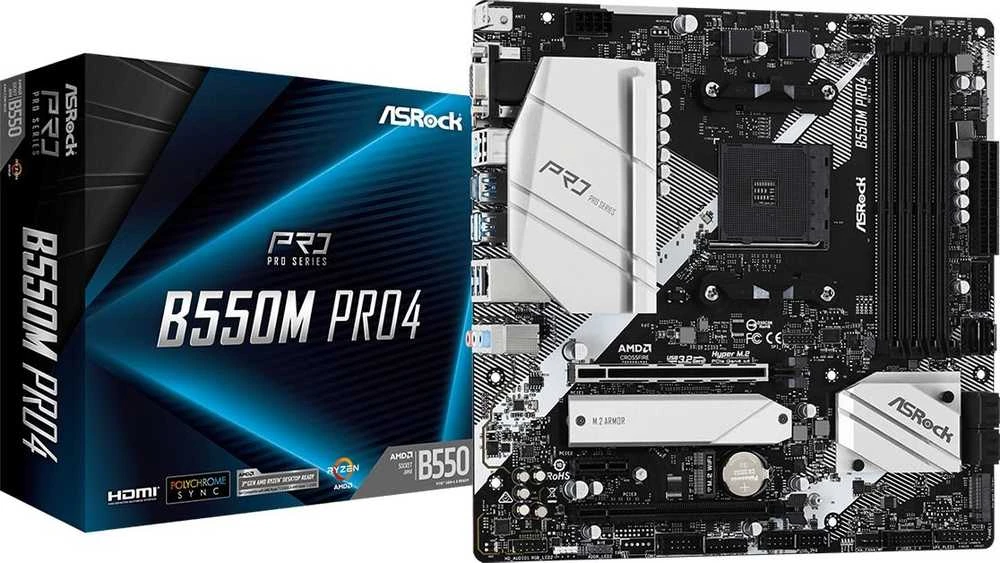 Pagrindinė plokštė ASRock B550M Pro4/AMD B550/AM4/MicroATX/1xPCI-Express 3.0 1x/1xPCI-Express 3.0 16x/1xM.2/1xPCI-Express 4.0 16x/Memory DDR4/Atminties lizdai 4/1x15pin D-sub/1xHDMI/1xDisplayPort/2xUSB 2.0/1xUSB type C/5xUSB 3.2/1xPS/2/1xRJ45/3xAudio port|