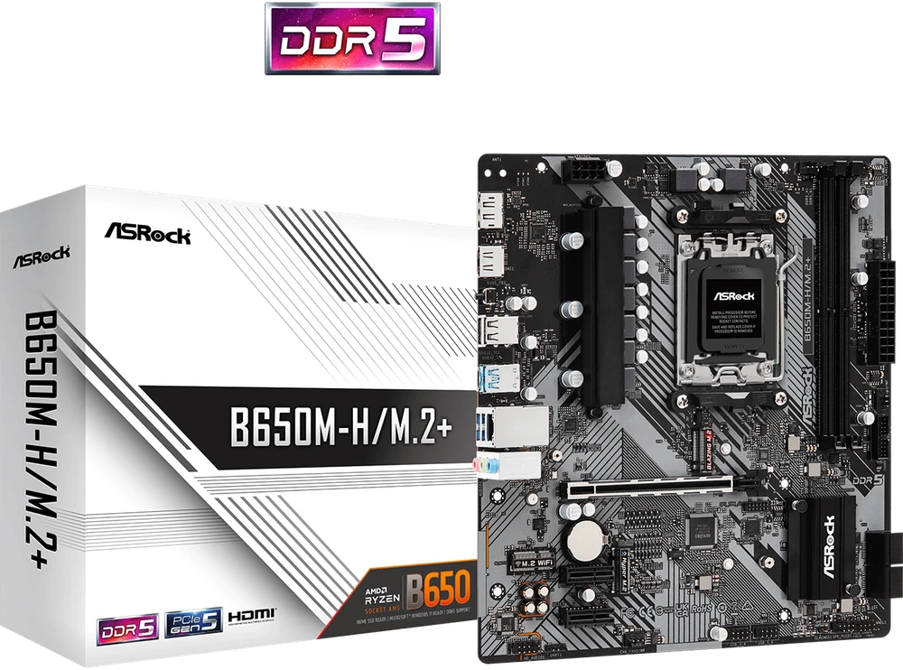 ASRock | B650M-H/M.2+ | Procesorių šeima AMD | Procesoriaus lizdas AM5 | DDR5 | Palaikomos standžiojo disko sąsajos SATA, M.2 | SATA jungčių skaičius 4