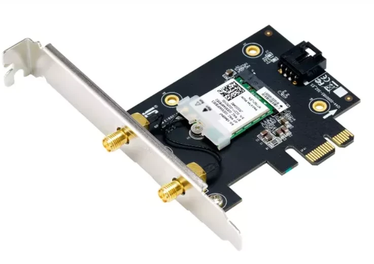 Asus PCE-AXE5400 "WiFi 6E PCI-E" adapteris su 2 išorinėmis antenomis. Palaiko 6 GHz dažnių juostą, 160 MHz, Bluetooth 5.2, WPA3 tinklo apsaugą, OFDMA ir MU-MIMO