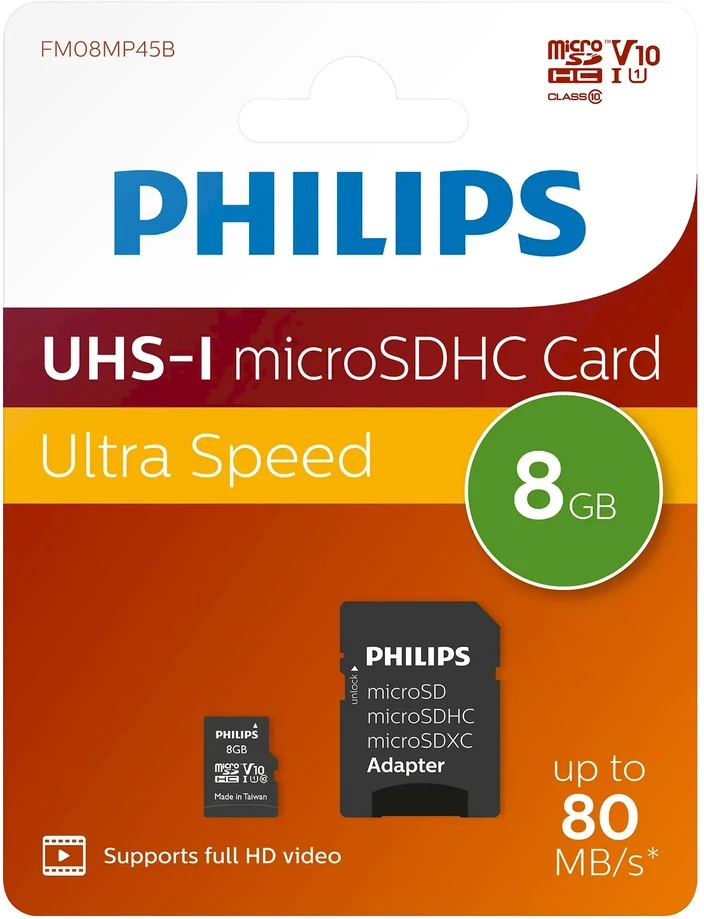 „Philips Micro SDHC“ kortelė 8 GB, 10 klasės, UHS-I, U1, su adapteriu