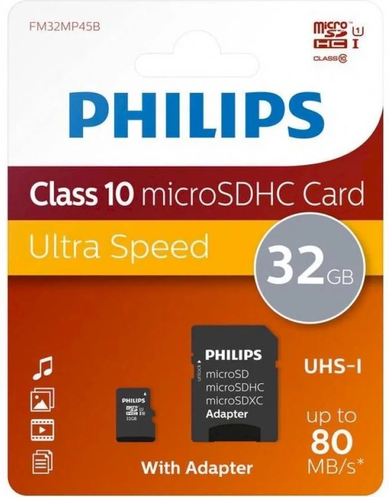 Atminties kortelė „Philips Micro SDHC“ kortelė 32 GB, 10 klasės UHS-I U3, įsk. Adapteriai