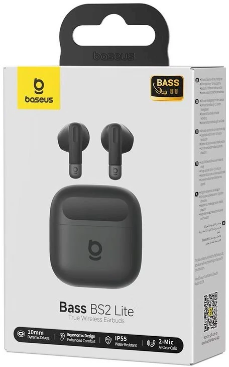 Baseus Belaidės Bluetooth 6.0 ausinės Bass BS2 Lite su įkrovimo dėklu, juodos