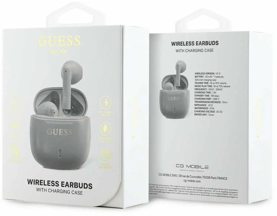 Guess Bluetooth ausinės GUTWSJ14ESGE TWS + įkrovimo stotelė taupe Printed Classic Logo