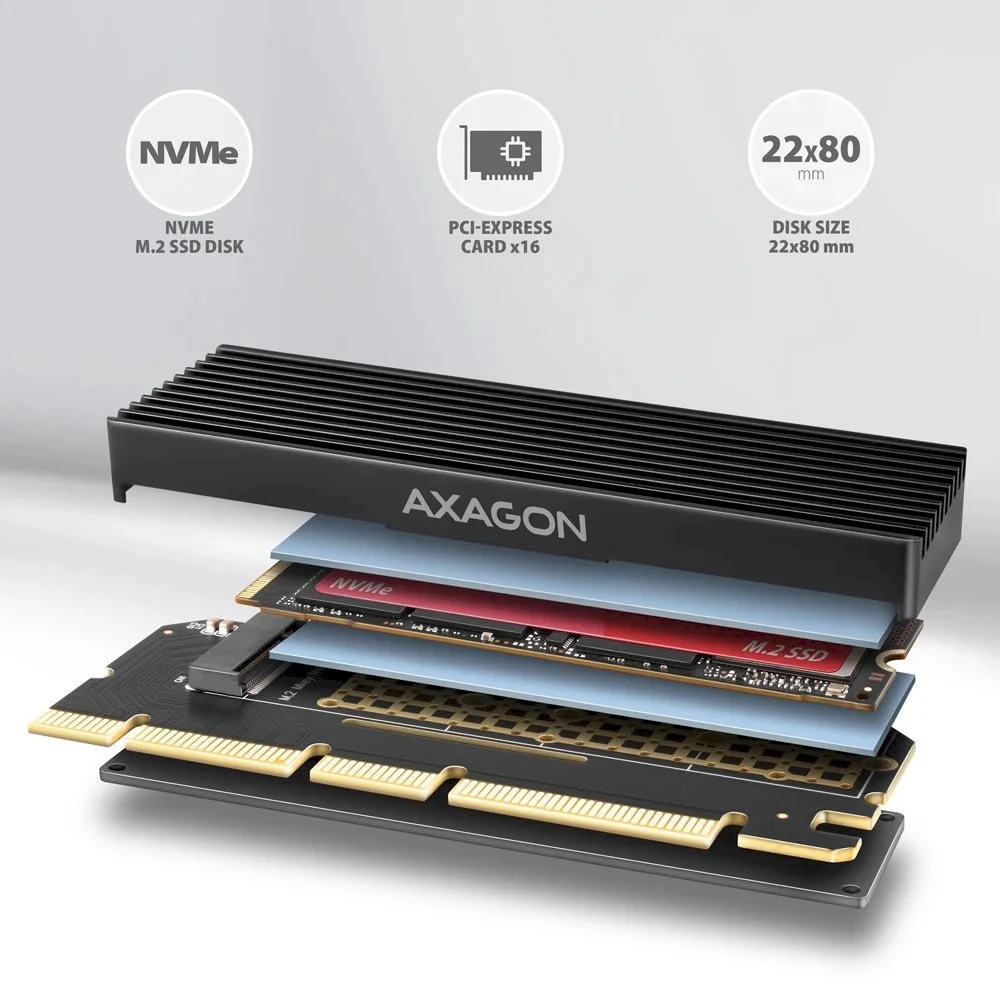 AXAGON PCI-Express x16 adapteris su aušintuvu, skirtas NVMe M.2 SSD diskui prijungti prie kompiuterio | PCEM2-XS