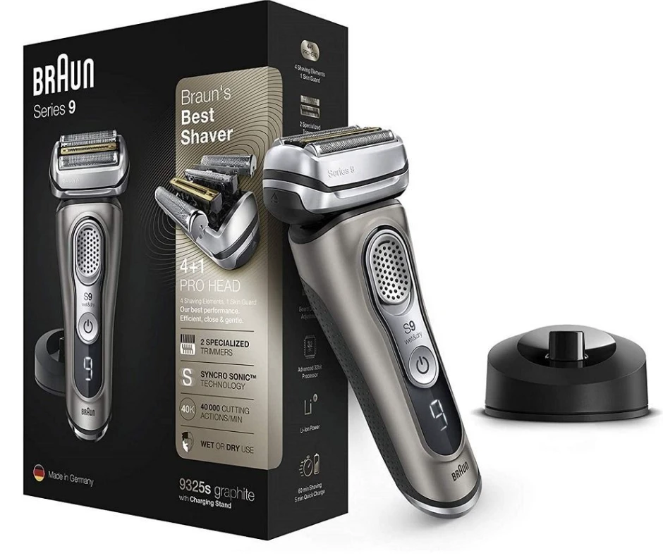 Barzdaskutė „Braun“ skustuvas 9325s belaidis, įkrovimo laikas 1 val., naudojimas šlapiu būdu, ličio jonų, skustuvo galvučių / peiliukų skaičius 5, grafitas