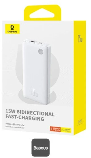 LiPo išorinis akumuliatorius (PowerBank) 10000mAh 15W USB + USB-C Airpow Lite baltas BASEUS