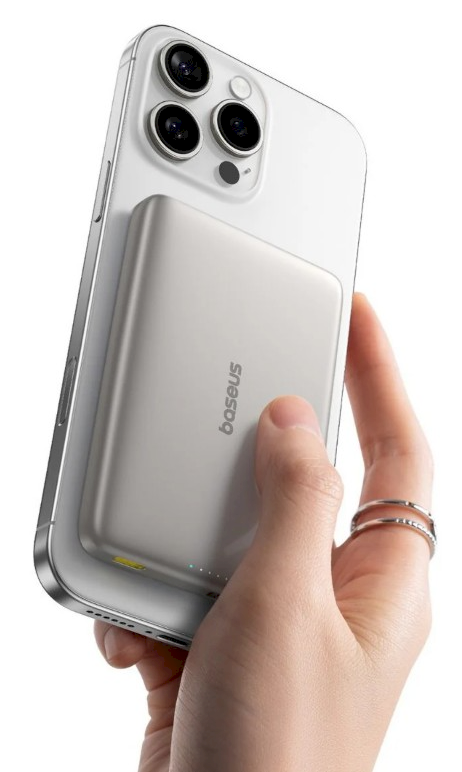 LiPo išorinis akumuliatorius (PowerBank) 10000mAh 27W su bevieliu QI2, magnetiniu laikikliu Magsafe Titanium Ultra-slim PicoGo AM41BASEUS