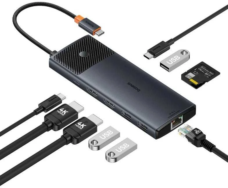 Jungčių stotelė / adapteris USB C kištukas - 1in10 2xHDMI RJ45 SD/TF USB3 BASEUS