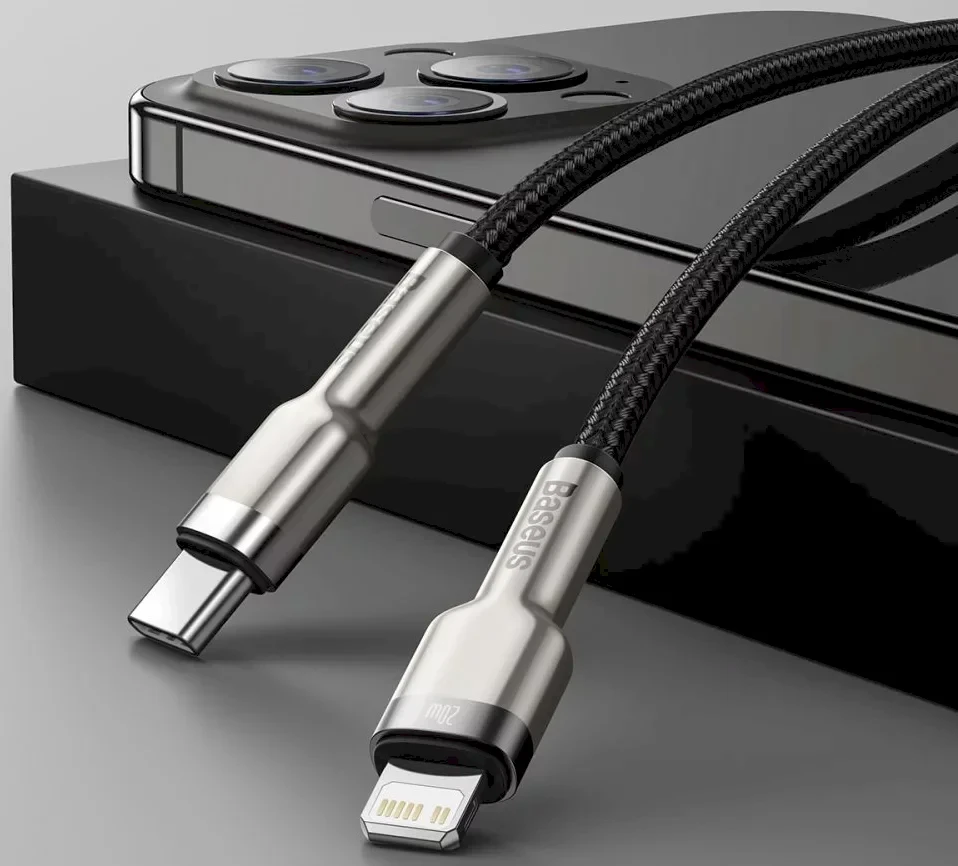 Baseus Cafule Metalinis duomenų kabelis USB Type C/ Lightning - 20W Maitinimas 0.25m, Juodas (Juodas)