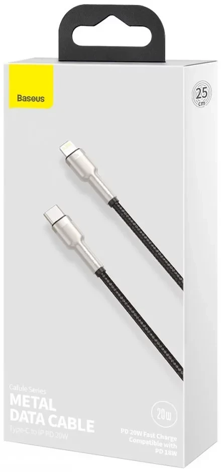 Baseus Cafule Metalinis duomenų kabelis USB Type C/ Lightning - 20W Maitinimas 0.25m, Juodas (Juodas)
