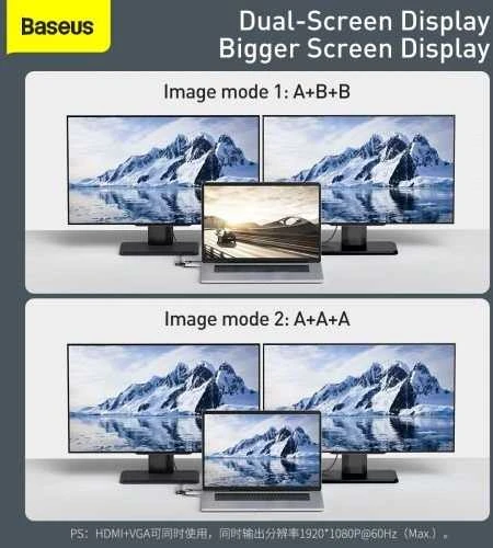 Šakotuvas 9in1 Baseus Metal Gleam Series, USB-C į 3x USB 3.0 + HDMI + USB-C PD + Ethernet RJ45 + Micro SD/SD + VGA