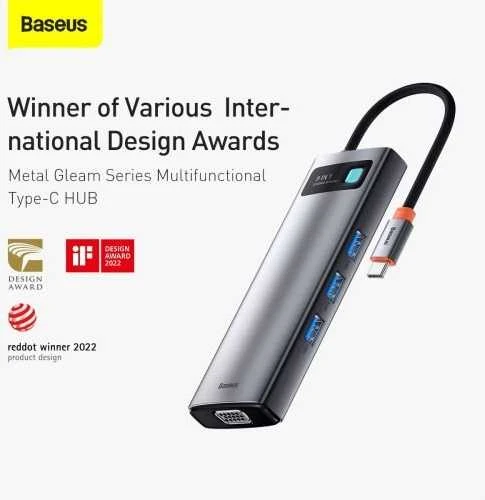 Šakotuvas 9in1 Baseus Metal Gleam Series, USB-C į 3x USB 3.0 + HDMI + USB-C PD + Ethernet RJ45 + Micro SD/SD + VGA