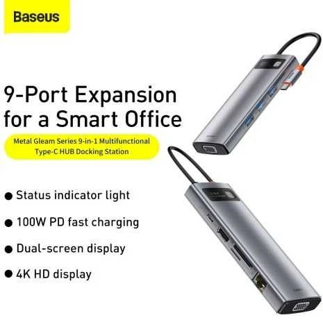 Šakotuvas 9in1 Baseus Metal Gleam Series, USB-C į 3x USB 3.0 + HDMI + USB-C PD + Ethernet RJ45 + Micro SD/SD + VGA