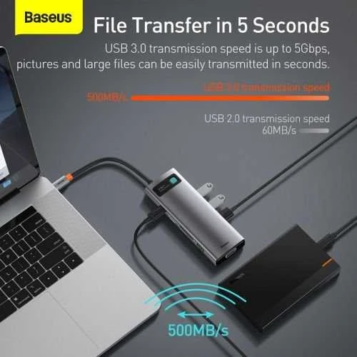 Šakotuvas 9in1 Baseus Metal Gleam Series, USB-C į 3x USB 3.0 + HDMI + USB-C PD + Ethernet RJ45 + Micro SD/SD + VGA