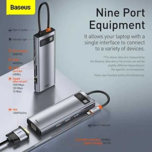 Šakotuvas 9in1 Baseus Metal Gleam Series, USB-C į 3x USB 3.0 + HDMI + USB-C PD + Ethernet RJ45 + Micro SD/SD + VGA