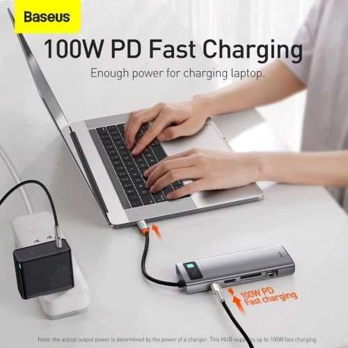 Šakotuvas 9in1 Baseus Metal Gleam Series, USB-C į 3x USB 3.0 + HDMI + USB-C PD + Ethernet RJ45 + Micro SD/SD + VGA