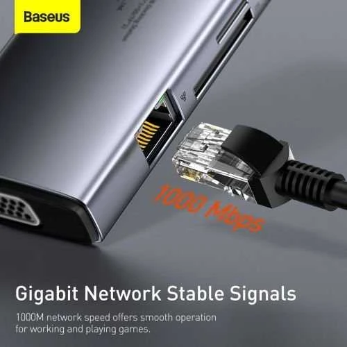 Šakotuvas 9in1 Baseus Metal Gleam Series, USB-C į 3x USB 3.0 + HDMI + USB-C PD + Ethernet RJ45 + Micro SD/SD + VGA