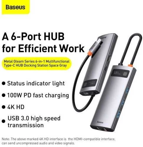 Baseus Metal Gleam serijos 6in1 šakotuvas USB-C - 3x USB 3.0 HDMI USB-C PD Ethernet RJ45