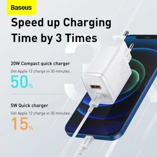 Įkroviklis Baseus Compact Quick Charger 20W USB-C/USB-A baltas CCXJ-B02