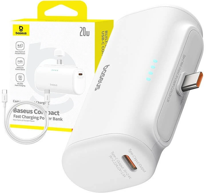 Powerbank Baseus Compact 5000 mAh, 20 W, USB-C (balta)