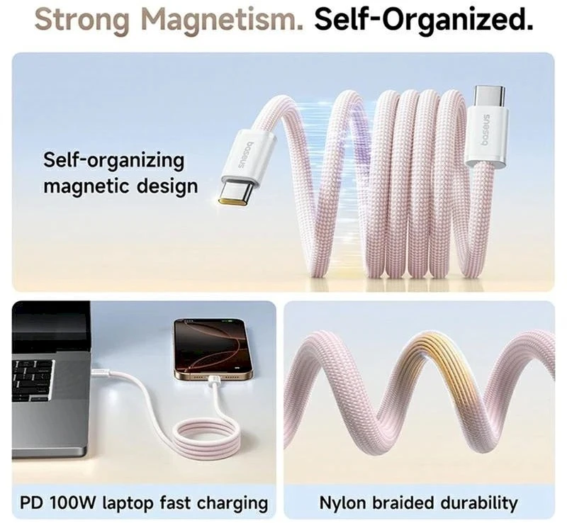 „Baseus Dynamic 4 Pro“ serijos duomenų kabelis USB-C – USB-C 100W 1m, kūdikių rožinė
