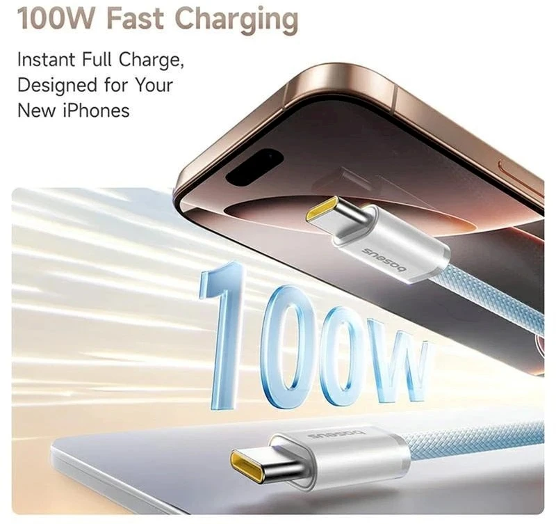 „Baseus Dynamic 4 Pro“ serijos duomenų kabelis USB-C – USB-C 100W 1m, „Galaxy Mėlyna“
