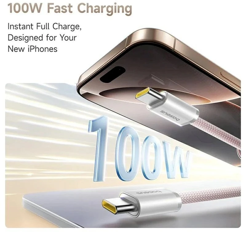 „Baseus Dynamic 4 Pro“ serijos duomenų kabelis USB-C – USB-C 100W 1m, kūdikių rožinė