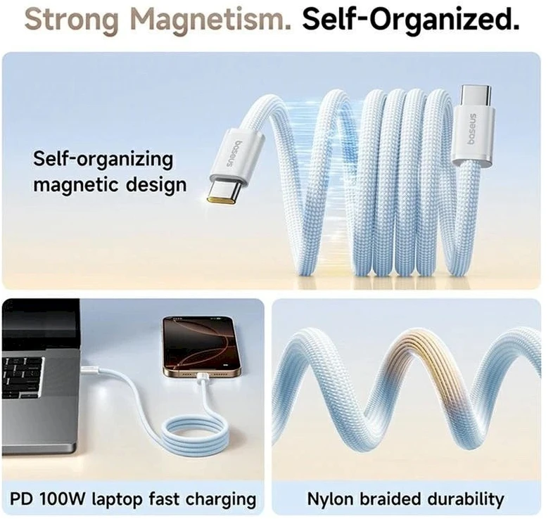 „Baseus Dynamic 4 Pro“ serijos duomenų kabelis USB-C – USB-C 100W 1m, „Galaxy Mėlyna“