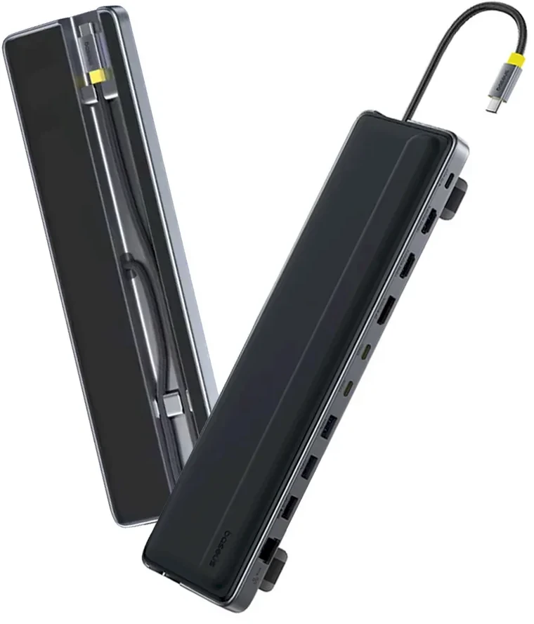 „Baseus EliteJoy EH3 12w1 USB-C“ | 2xHDMI 4K@60Hz | DP 4K@60Hz | 2xUSB-C 10Gb/s | 2xUSB-A 5Gb/s | USB-A 480Mb/s | SD/Micro SD 3.0 | RJ45 1Gb | USB-C PD pilka